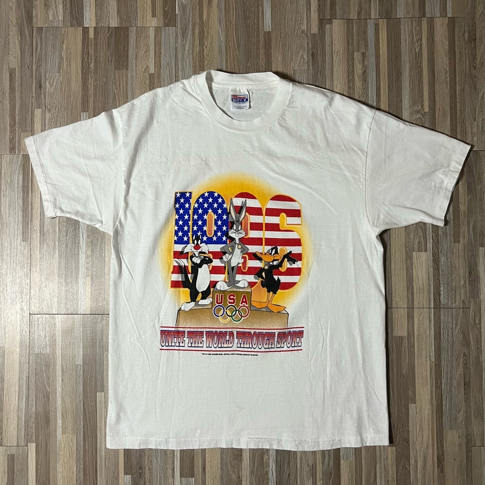 Vintage 90s 1996 Olympics Looney Tunes White T-shirt Size XL Bugs Bunny USA SS